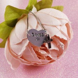 "Saved" silver adjustable bracelet hand stamped
